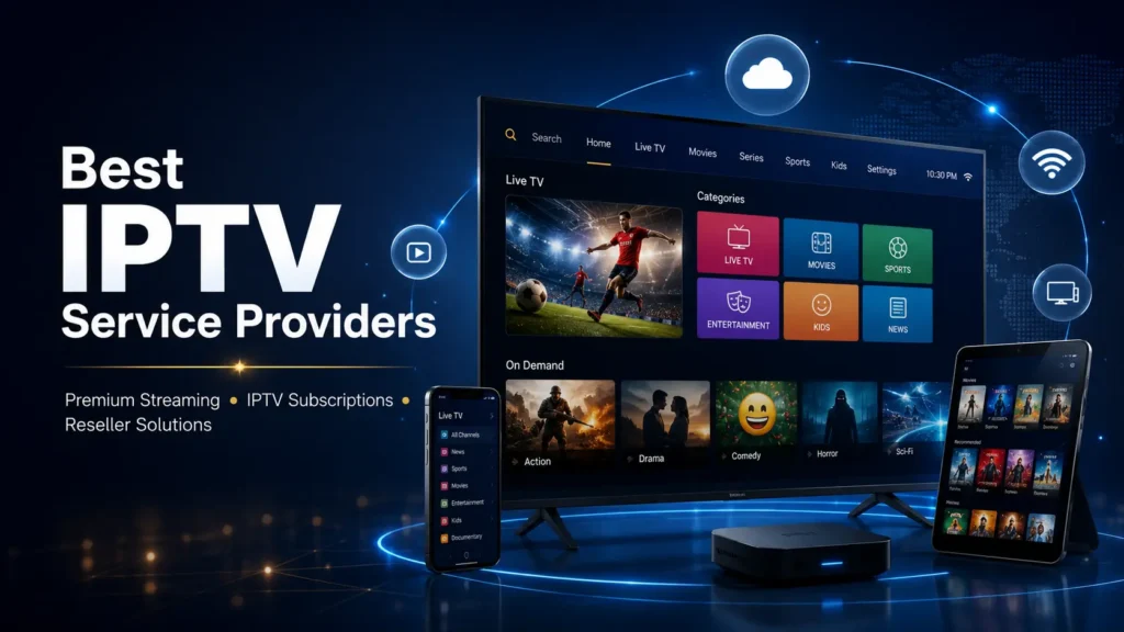 Best IPTV Service Providers displayed on a modern 4K smart TV with IPTV streaming interface, live TV, movies, sports, connected devices, and cloud streaming technology on a premium blue digital background.